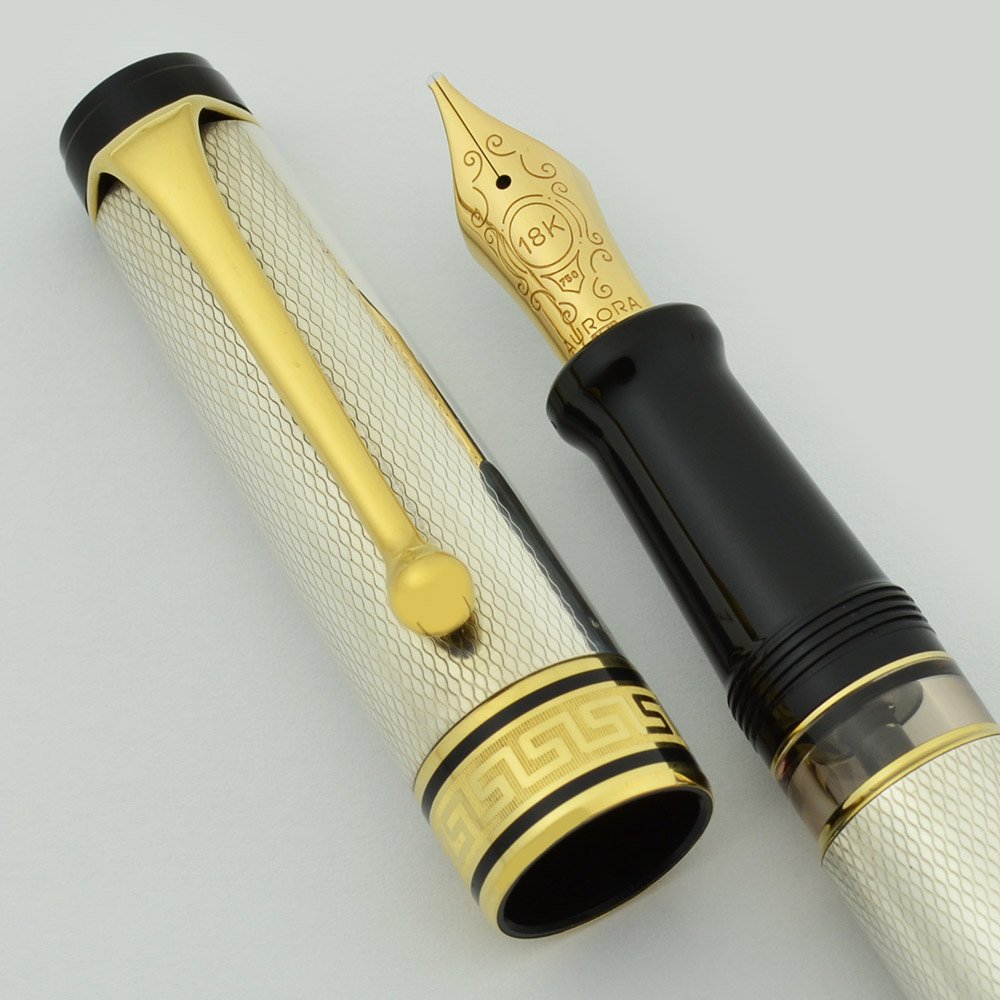 Aurora Optima Silver Fountain Pen - Sterling Silver, Broad 18k Nib